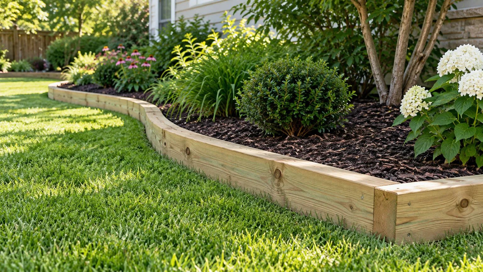 Gravel path and planted yard zones with a clean, inexpensive landscape edge
