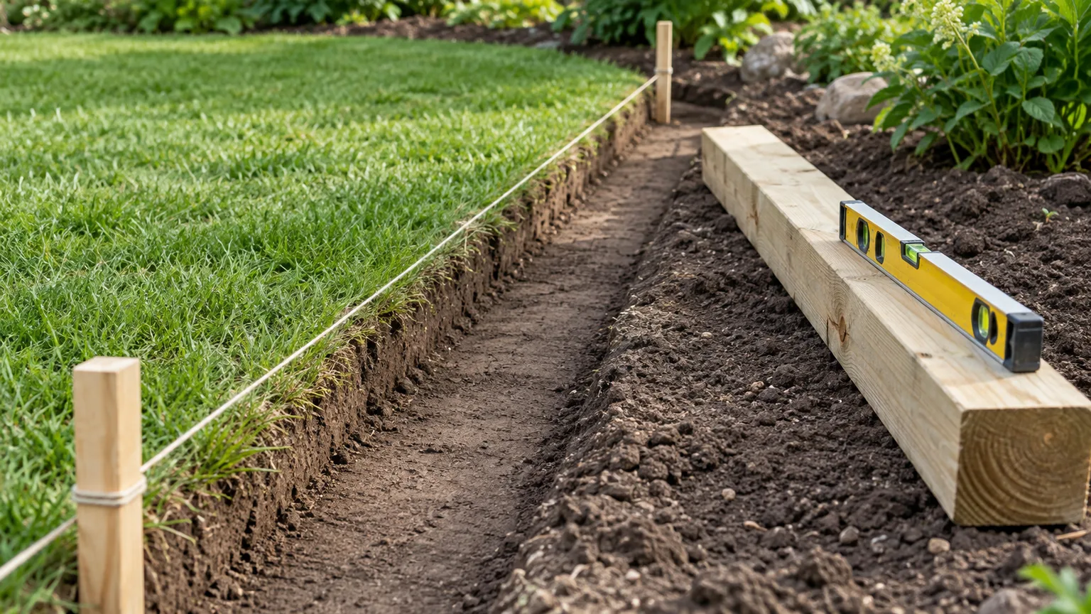 A prepared trench and level timber edging line before installation.