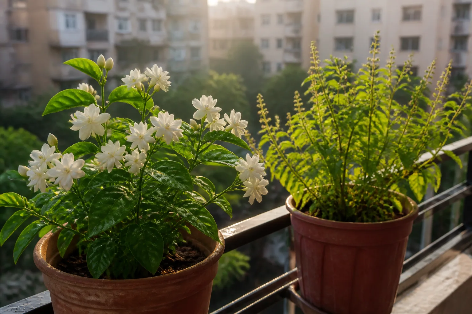 Morning light on potted plants on a Bengaluru east-facing balcony rail