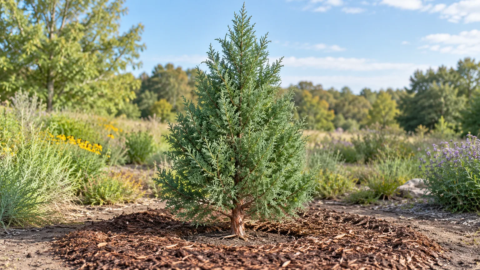 Young eastern redcedar growing in a sunny garden with an open mulch ring around the trunk
