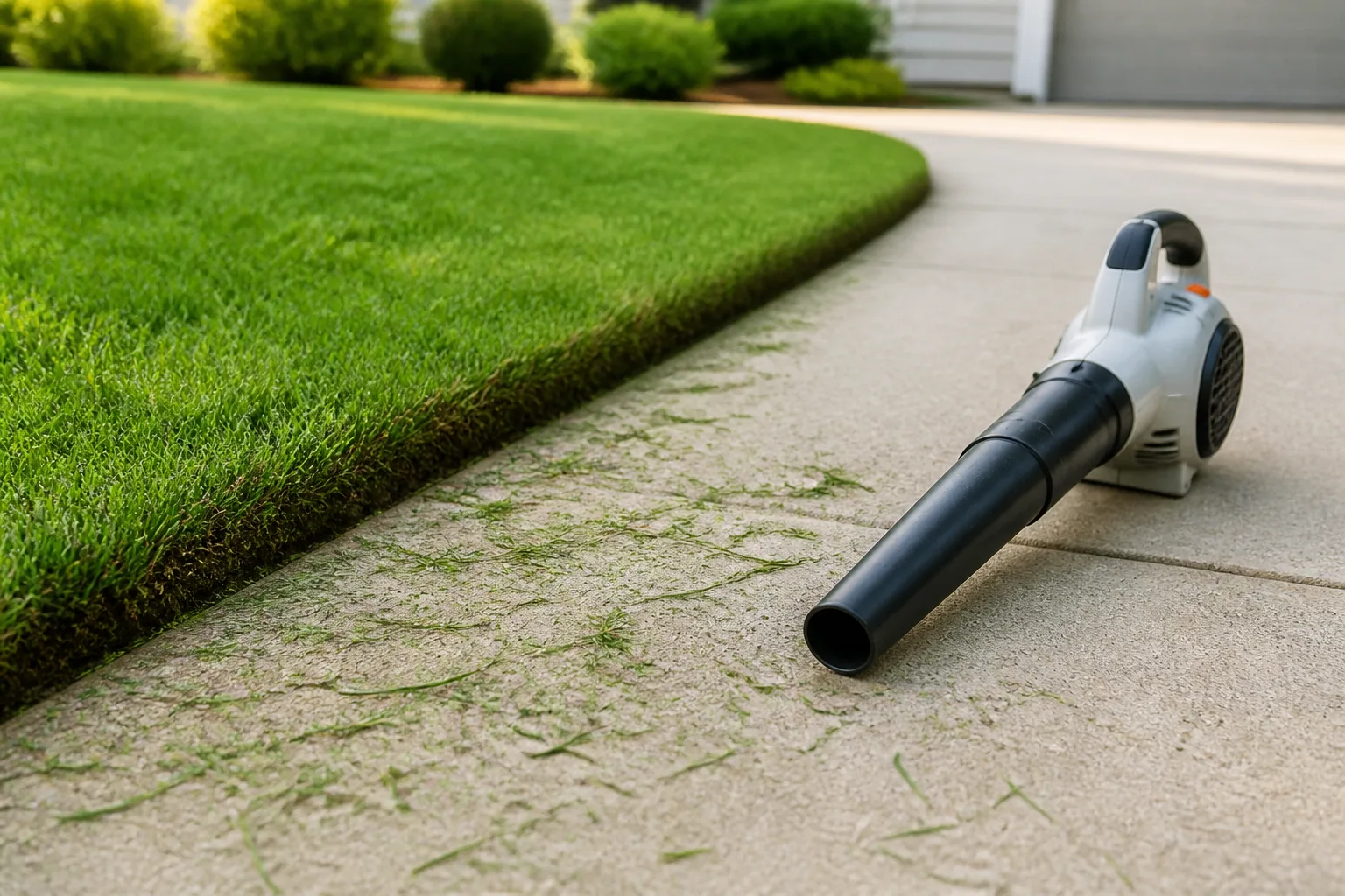 Leaf blower and fresh lawn edge with grass clippings on a concrete walkway
