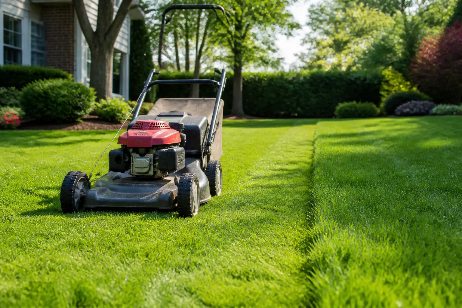 Walk-behind mower cutting a healthy green residential lawn in summer