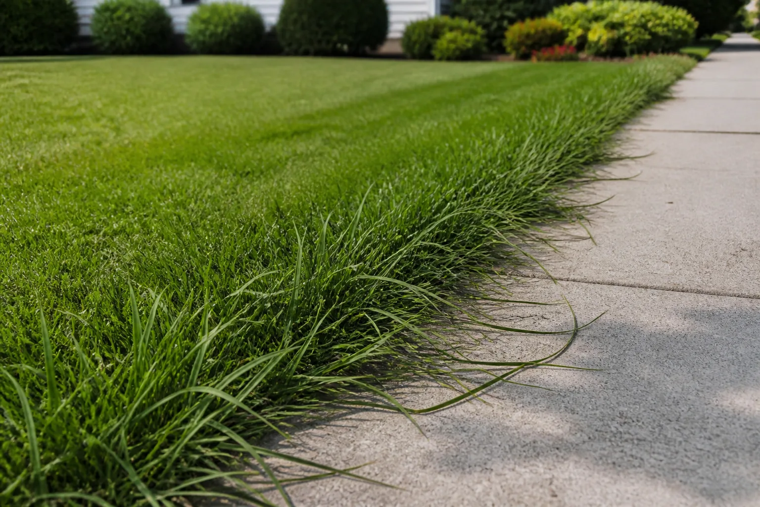 Overgrown grass and weeds along a lawn edge before trimming