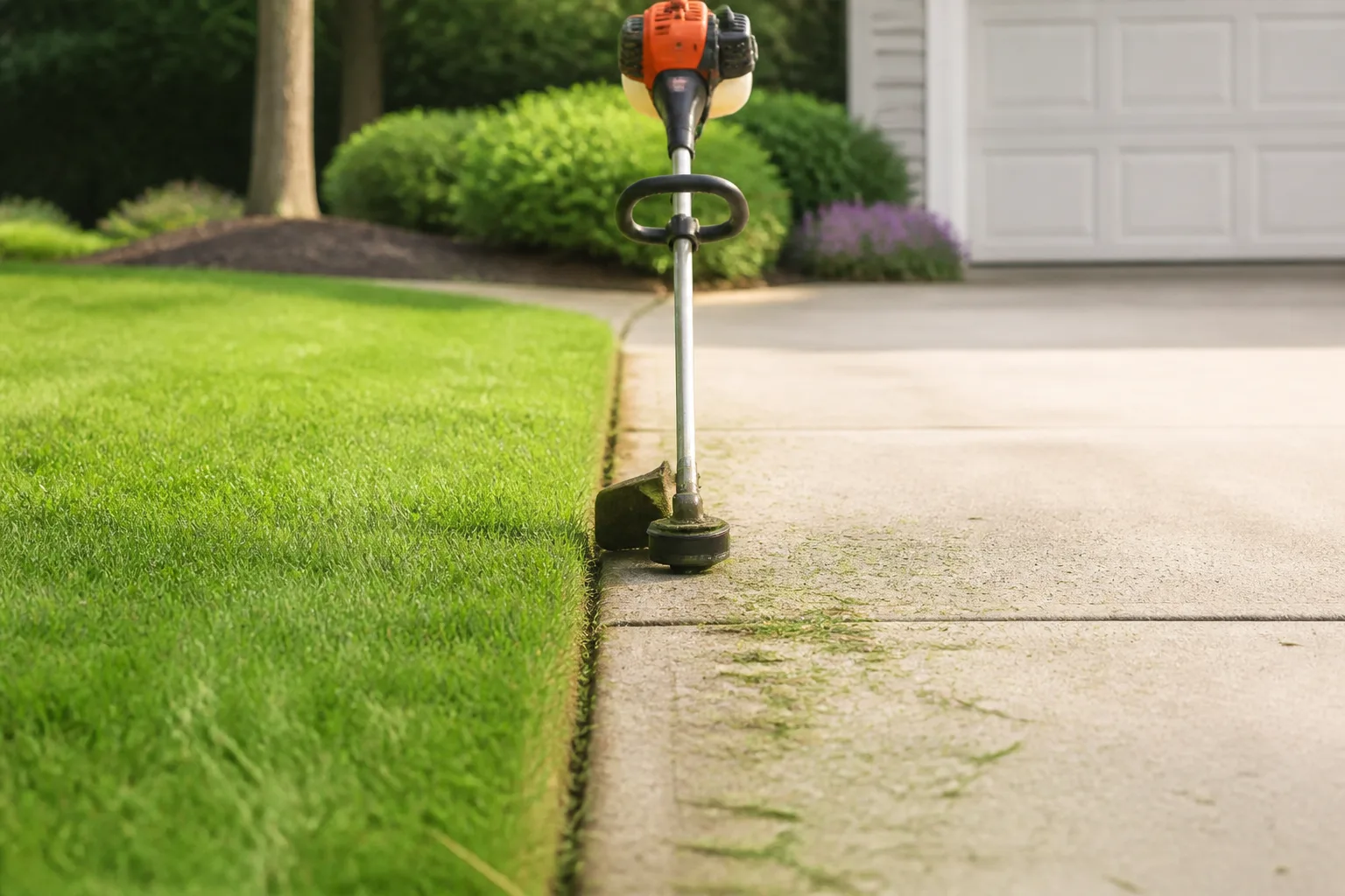 String trimmer edging grass along a sidewalk and lawn border