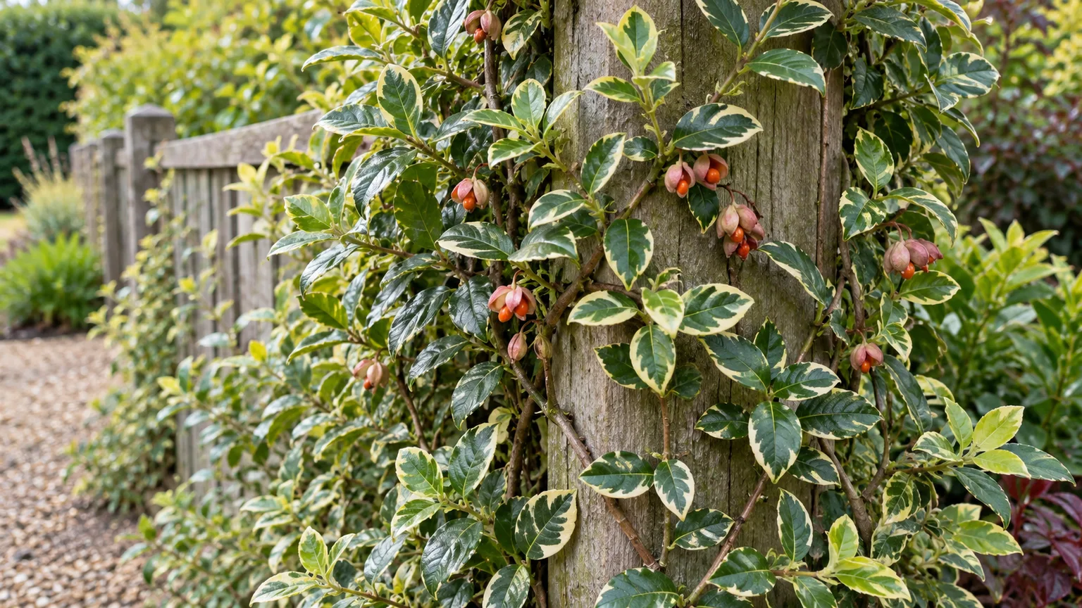 Mature wintercreeper climbing a fence post with seed capsules, a cue to prevent fruit and seed spread.