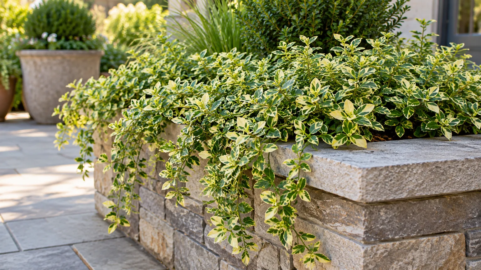 A compact, densely branched evergreen shrub growing over a low stone wall