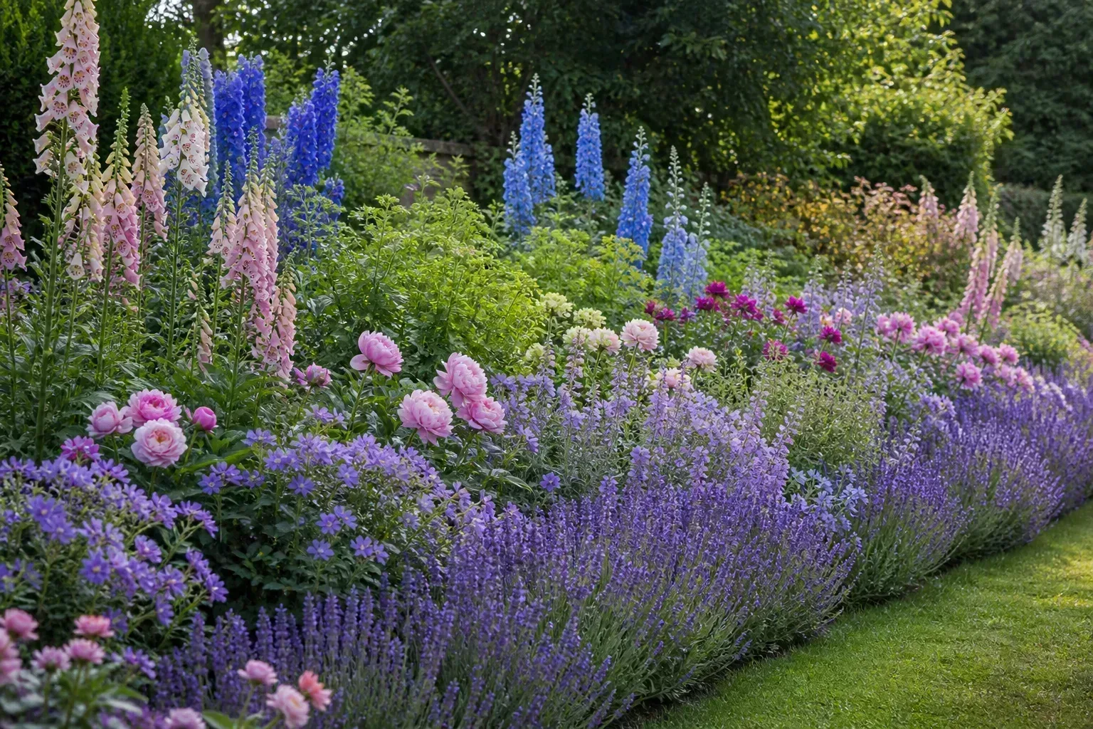 Mixed perennial beds with defined edges and layered color drifts
