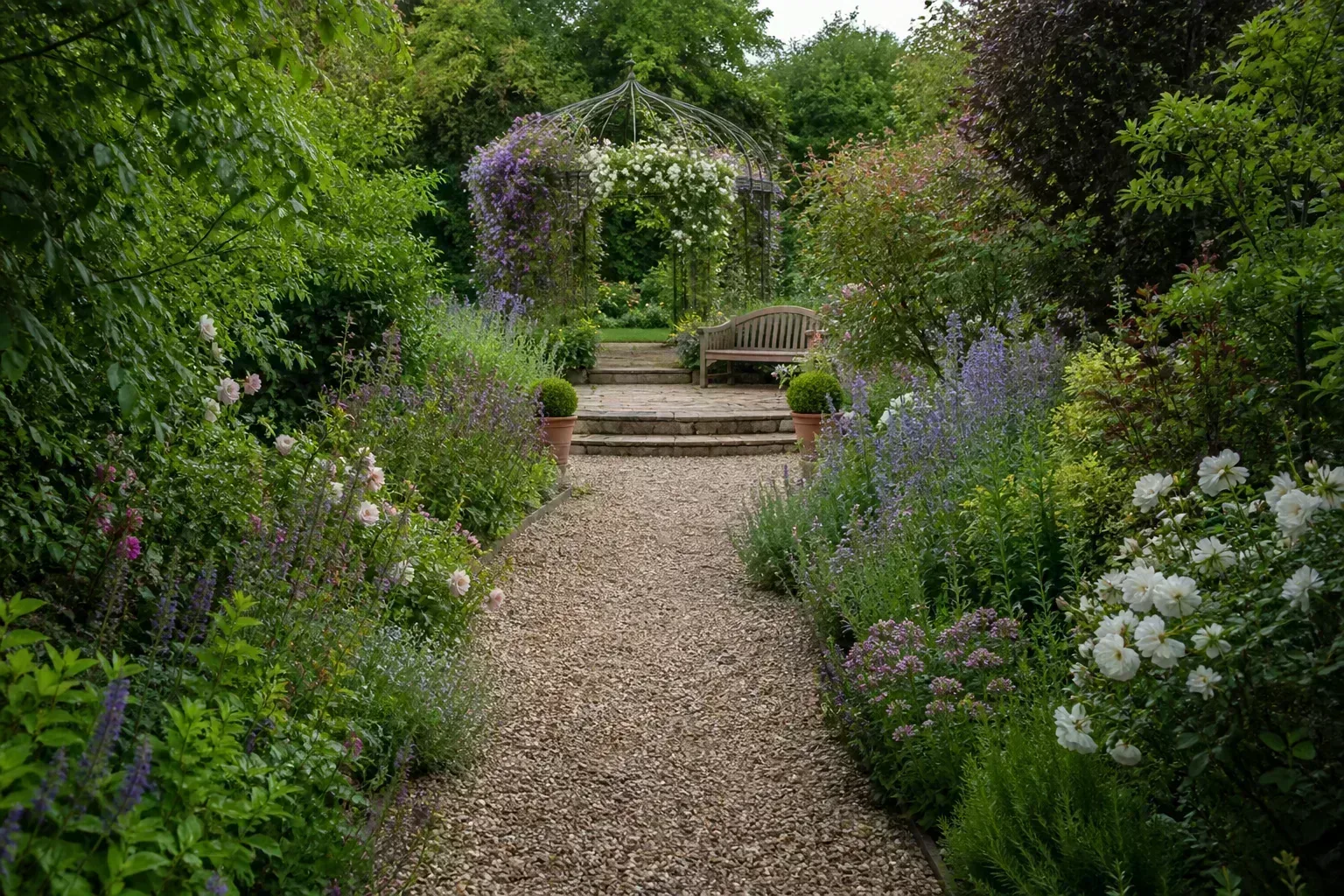 Garden paths and stone terraces defining outdoor rooms beside planted borders