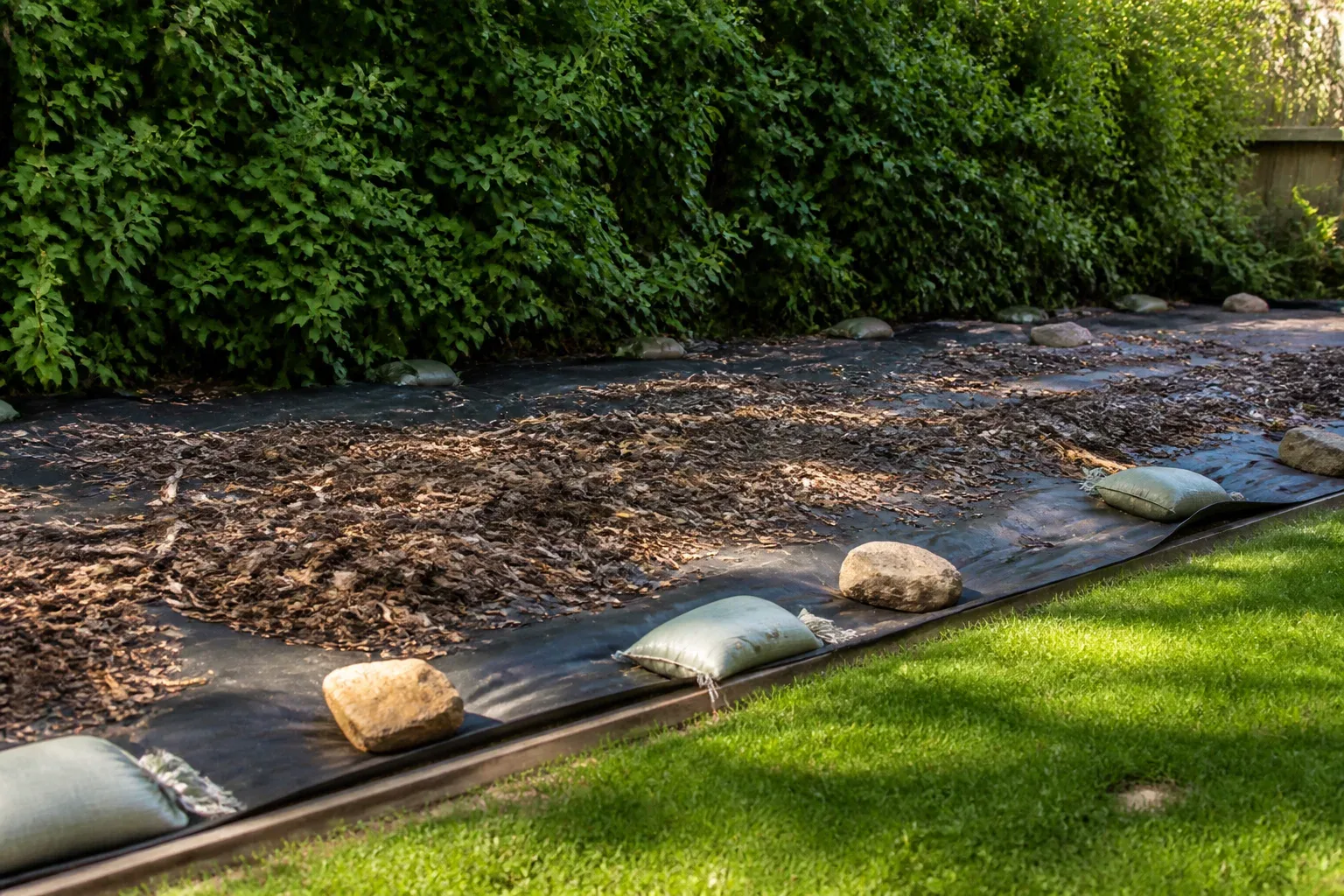 Opaque landscape fabric weighted over a cleared garden bed to block persistent weed regrowth