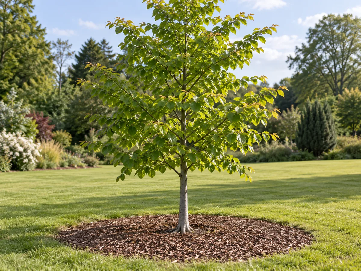 A young European beech planted in an open landscape with space around its root zone