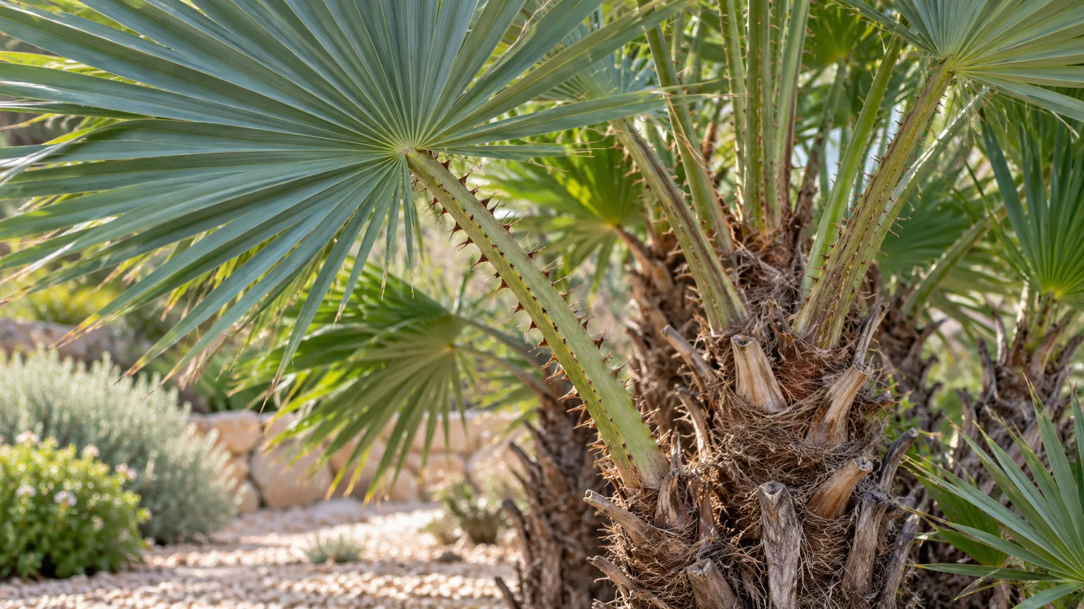 A close view of the European fan palm’s spiny leaf stalks and fibrous clumping trunks