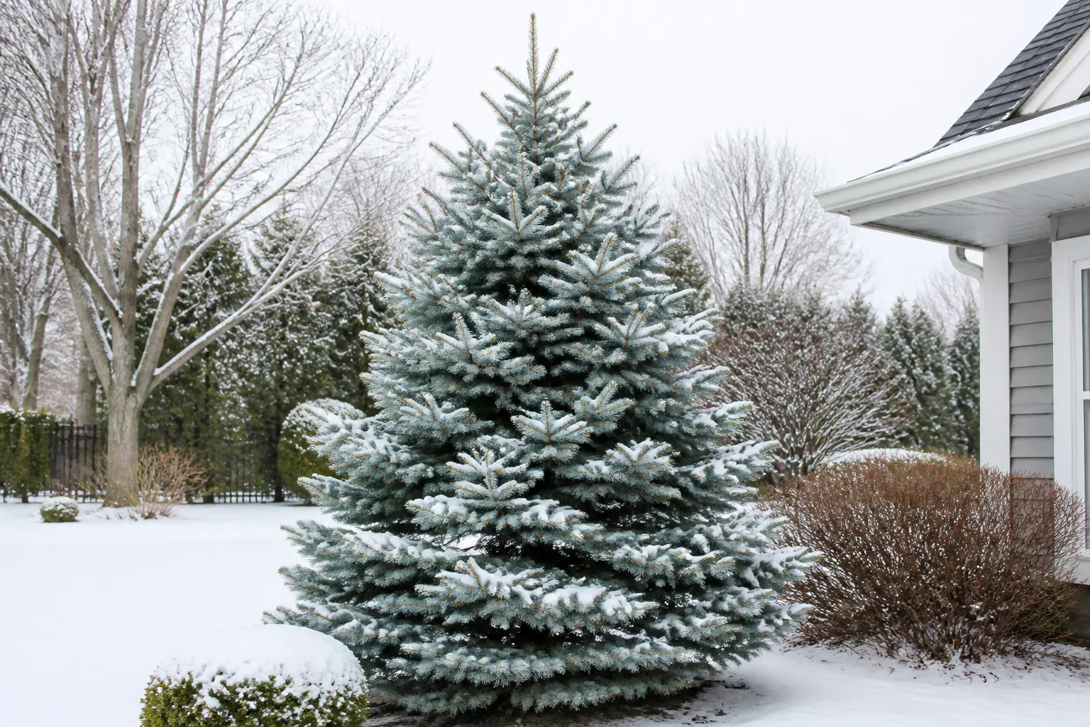 Compact conical evergreen spruce beside a residential entryway