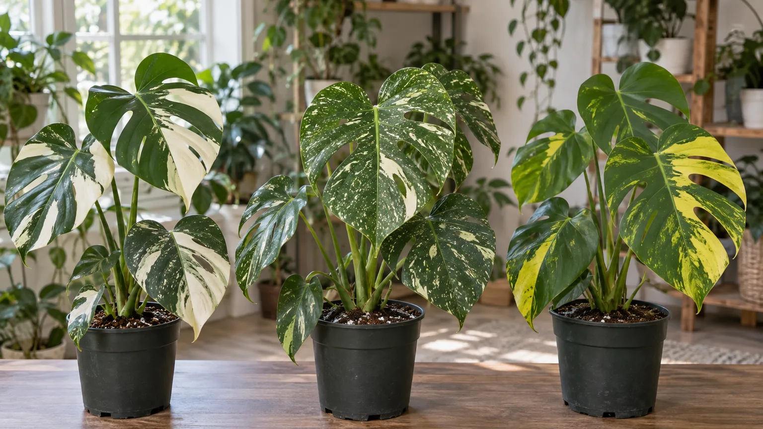 Cream-speckled variegated Monstera leaves shown in comparison