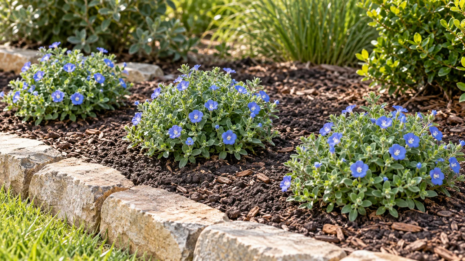 Blue Daze plants spaced in a sunny, well-drained garden border