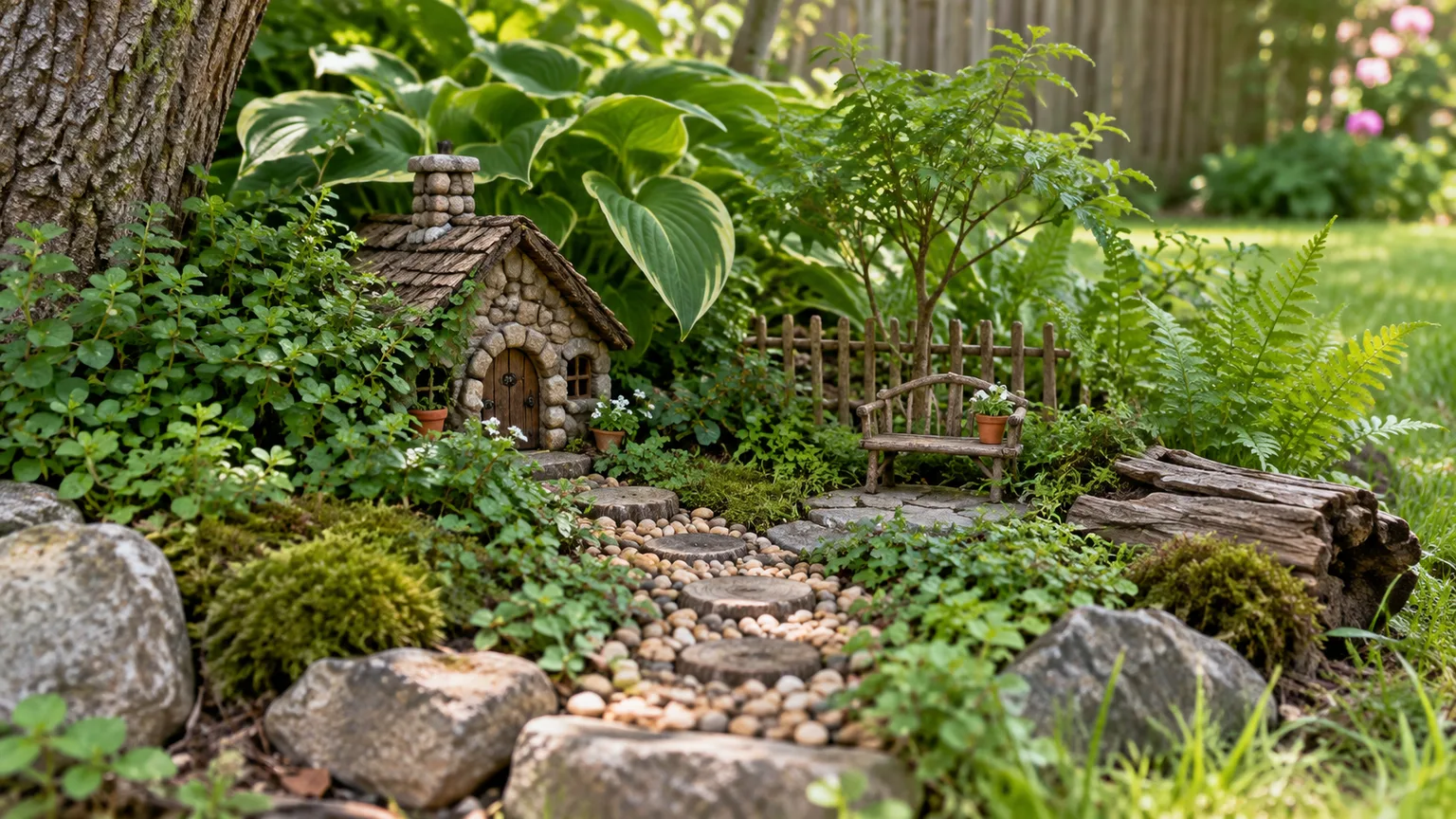 Outdoor fairy garden with a tiny cottage, winding stone path, and miniature planting in a backyard bed