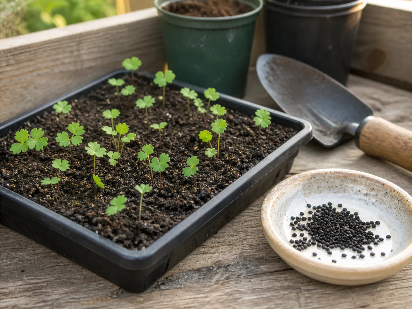Seed-starting tray with small seedlings under indoor grow lights