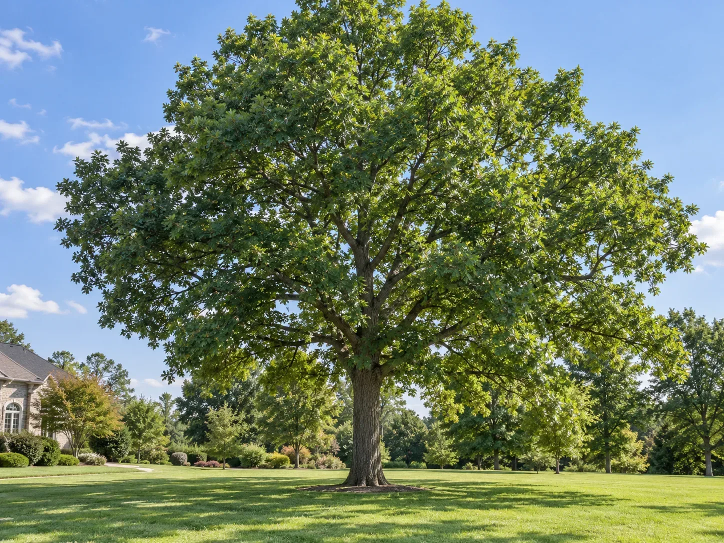Mature Shumard oak with a broad summer canopy over a sunny lawn