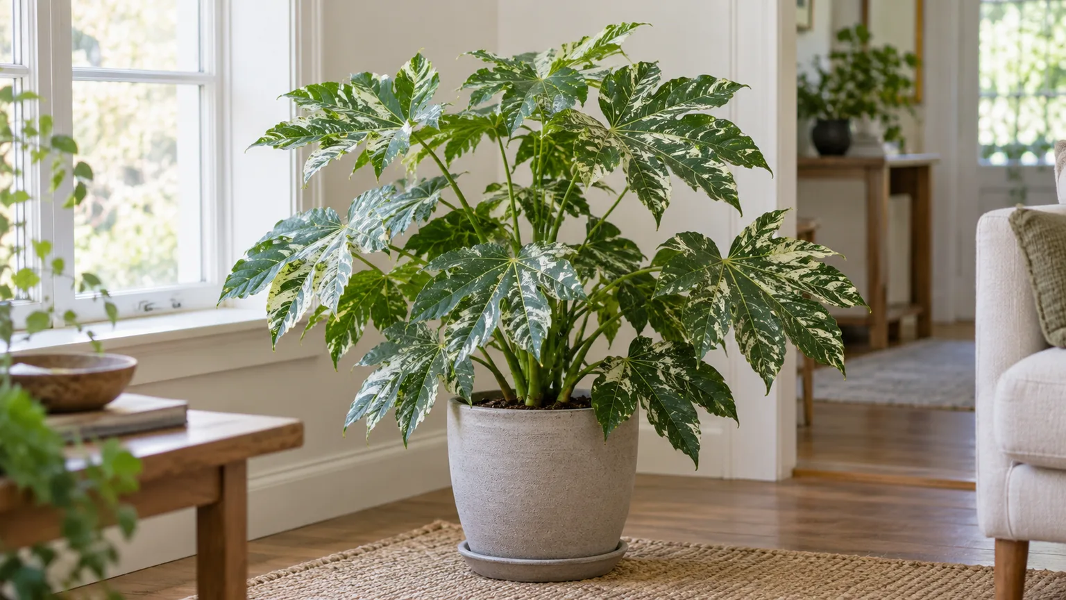 Potted Fatsia Spider Web in bright, indirect window light