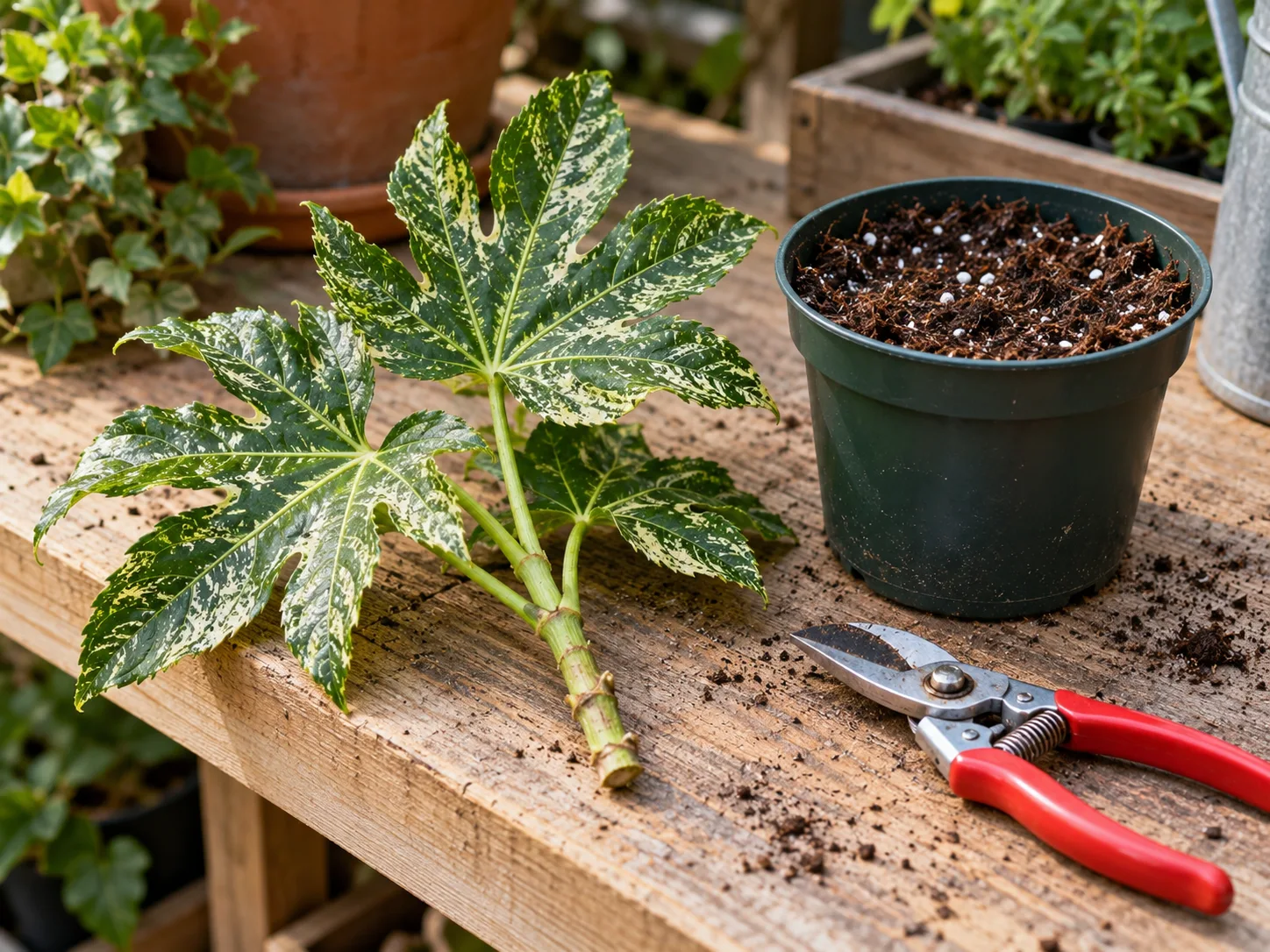Fatsia Spider Web semi-ripe cutting beside a pot of airy propagation mix