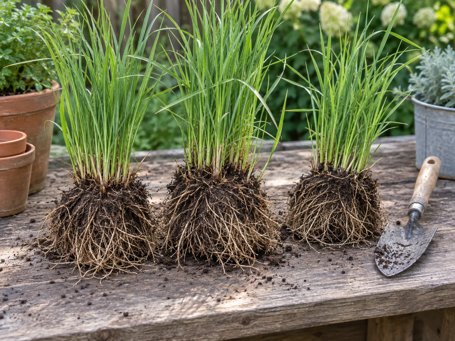 Three rooted feather reed grass divisions with healthy shoots arranged beside a garden spade