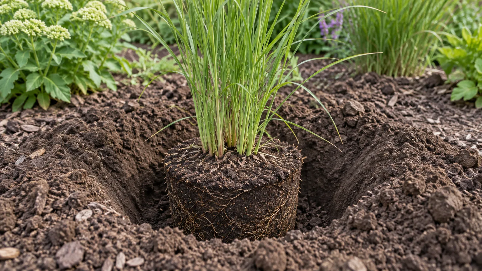 Feather reed grass rootball set level with the surrounding soil in a prepared planting hole