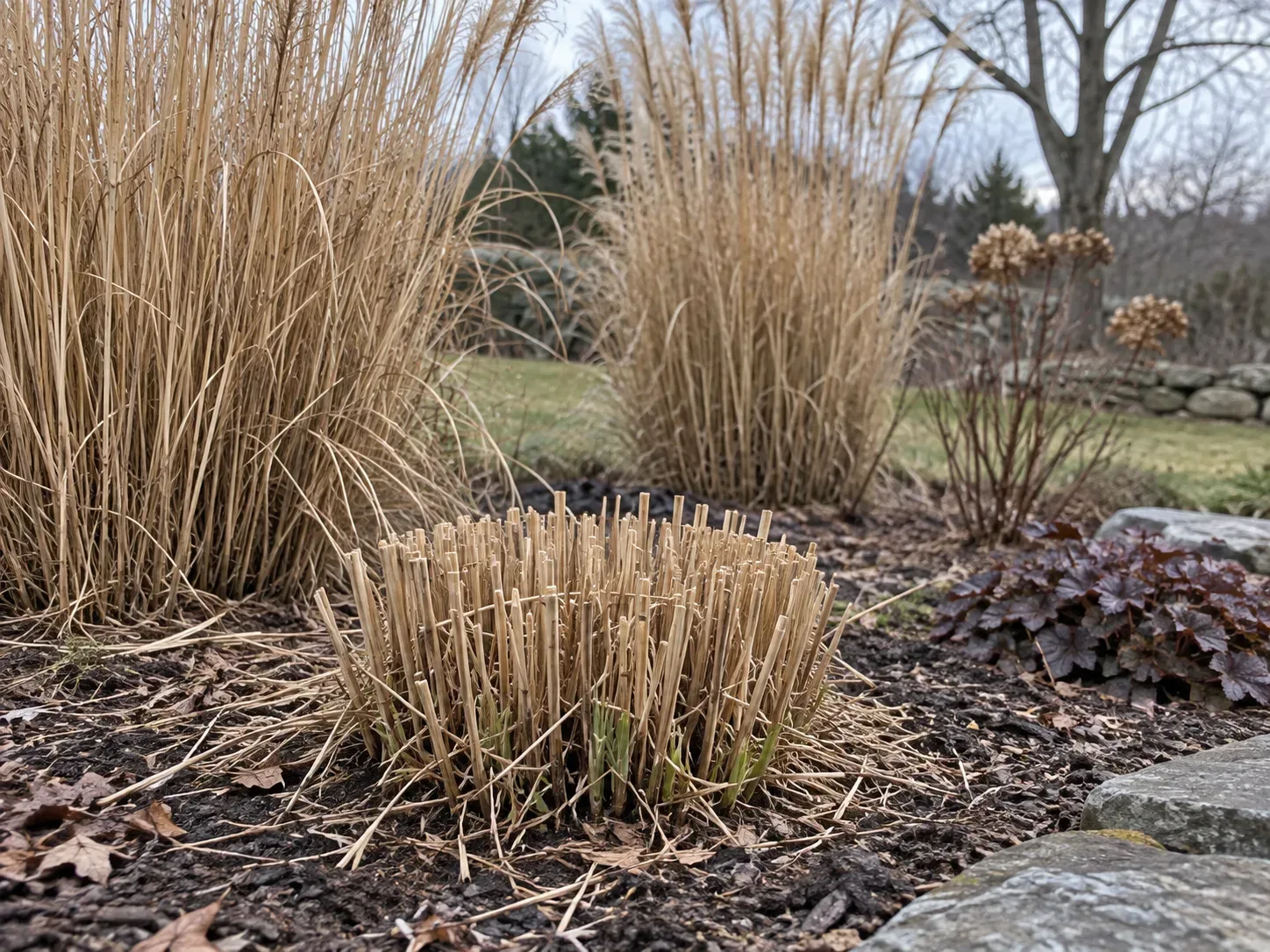 Feather reed grass cut back to short stubble in late winter before new shoots emerge