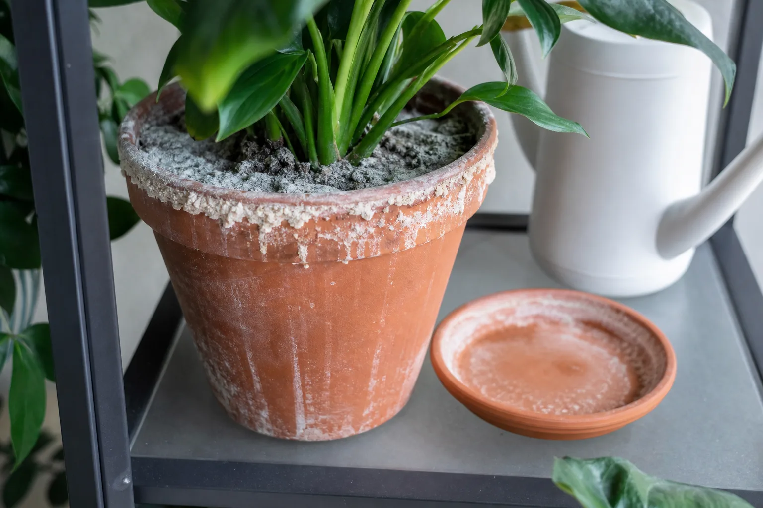 White fertilizer-salt buildup on a potted houseplant showing why winter container feeding needs restraint