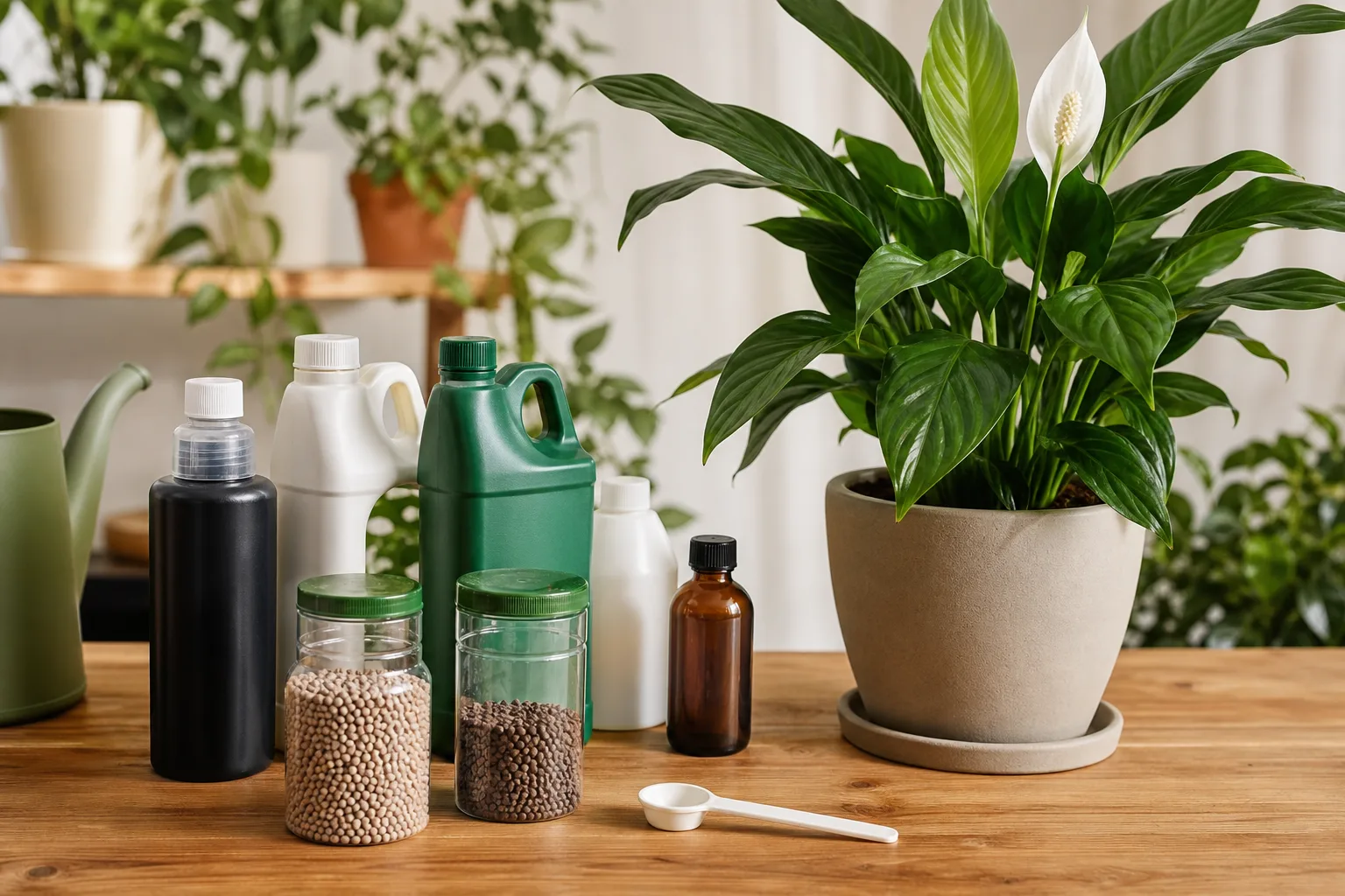 Houseplant fertilizer and a healthy potted plant arranged on an indoor care shelf