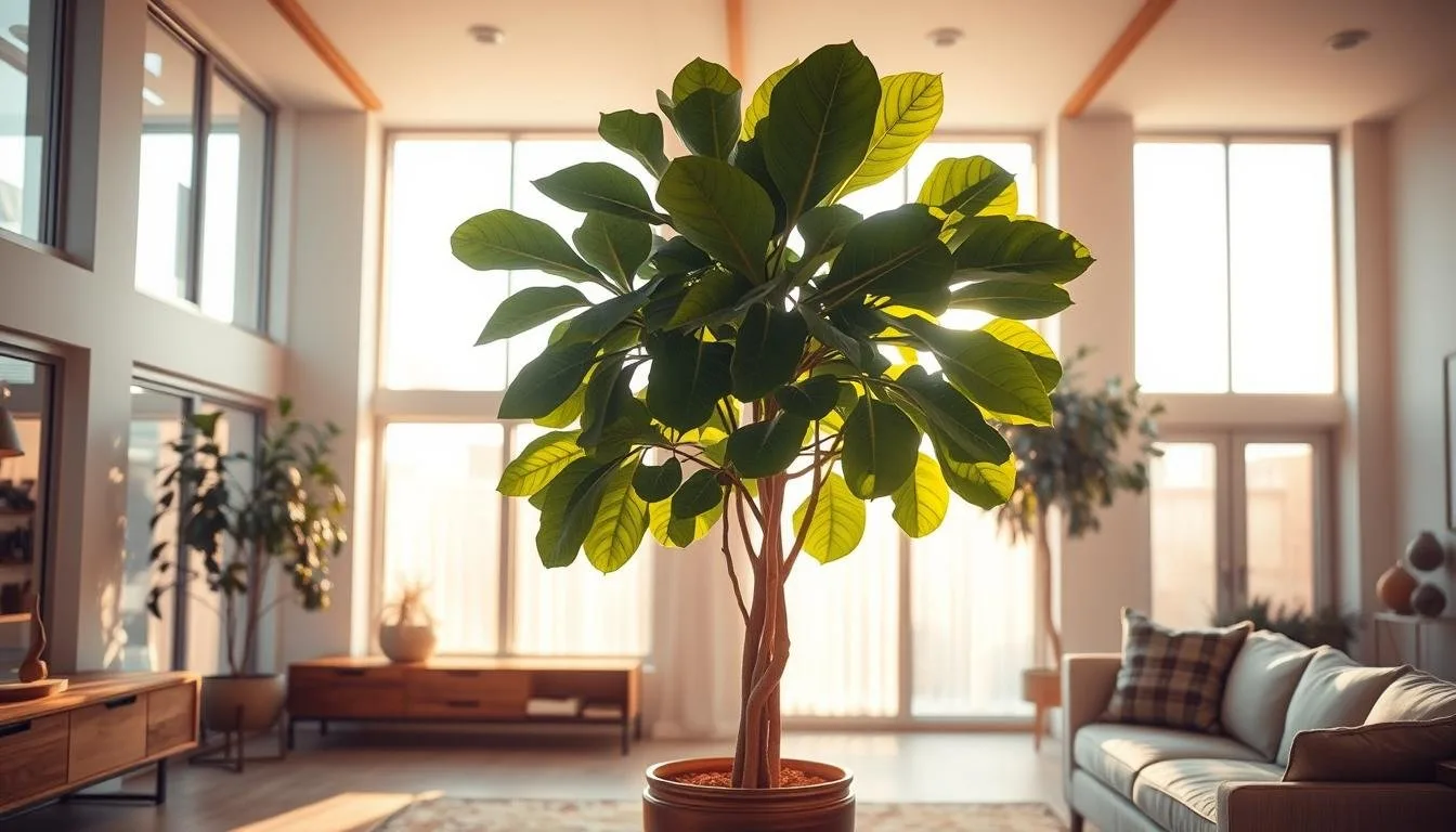 Fiddle-leaf fig in a bright indoor room with large sunny windows