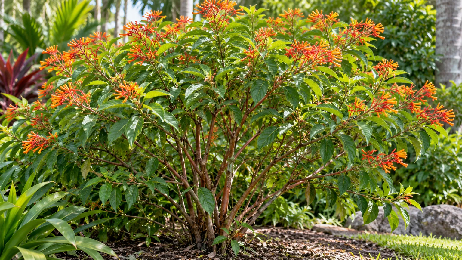 A naturally shaped firebush with open branching and flowers left at the stem tips after selective pruning