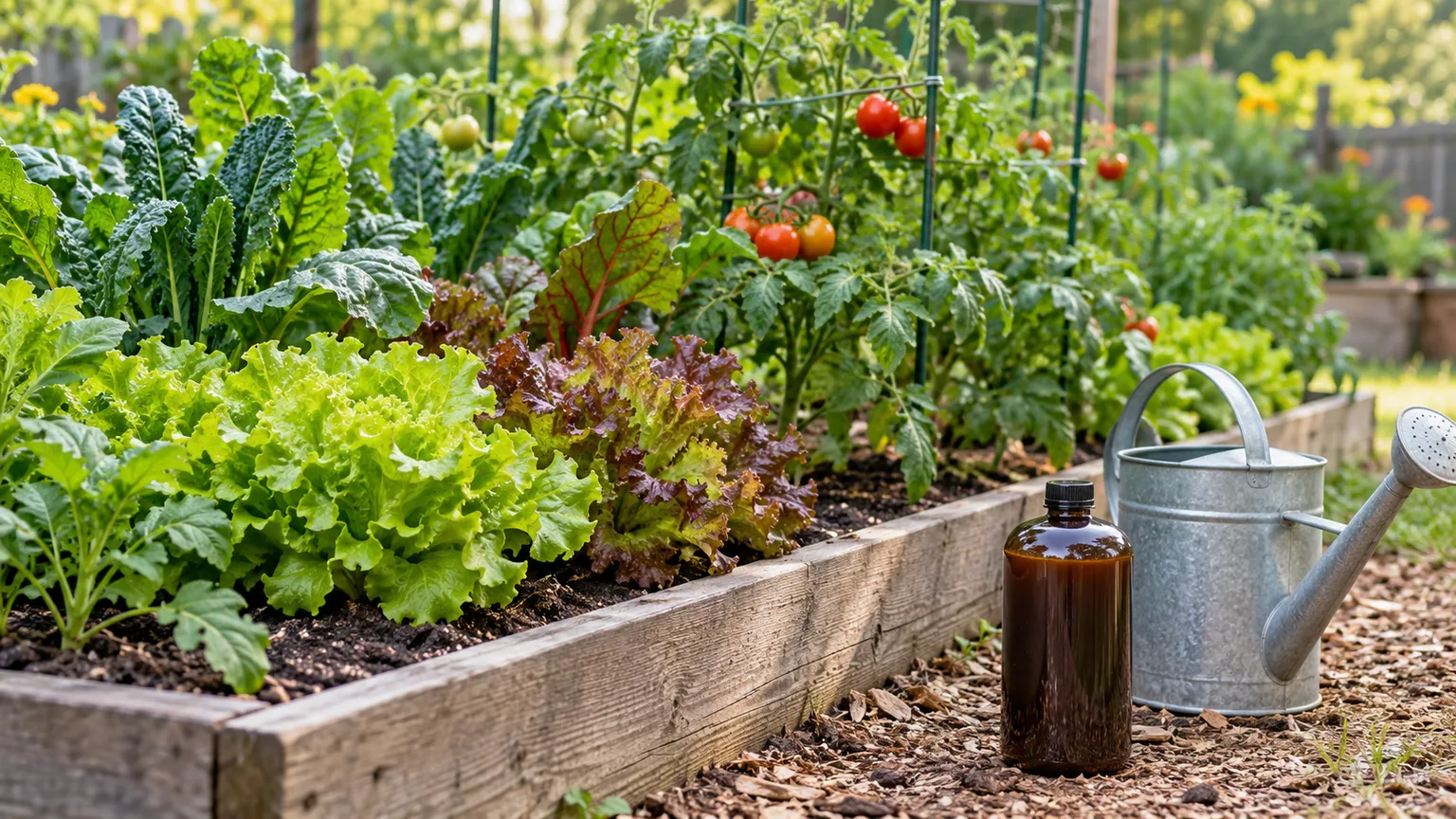 Fish emulsion concentrate and a watering can beside leafy greens and tomato plants in a raised garden bed