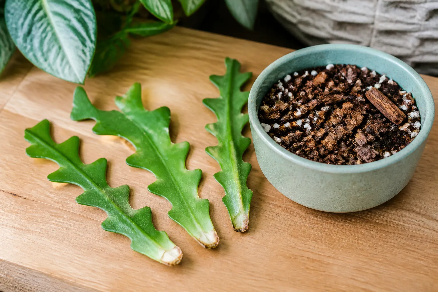 Calloused stem sections of an epiphytic cactus beside a pot of airy rooting mix