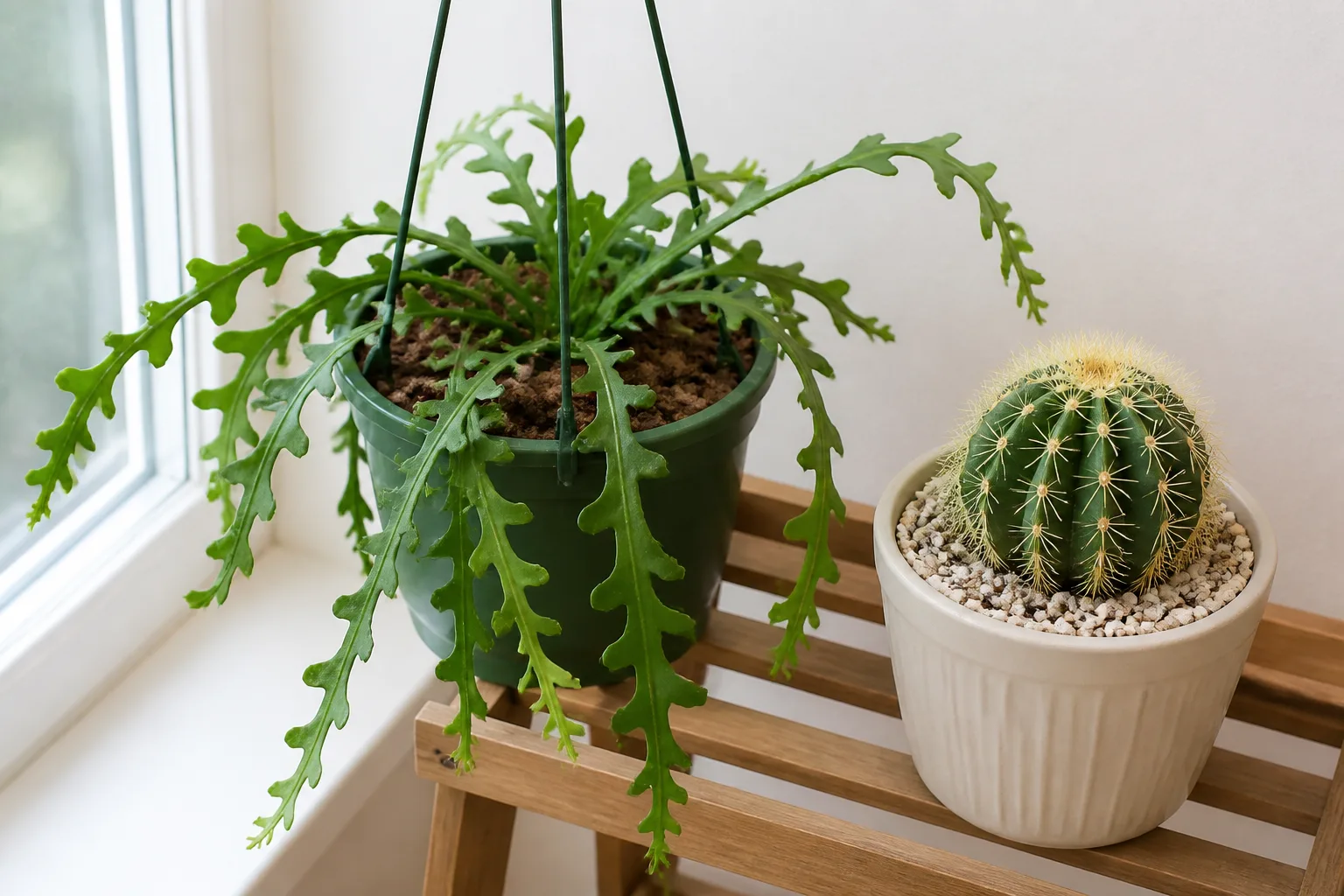 Trailing forest fishbone cactus beside a round desert cactus, showing two contrasting indoor cactus forms