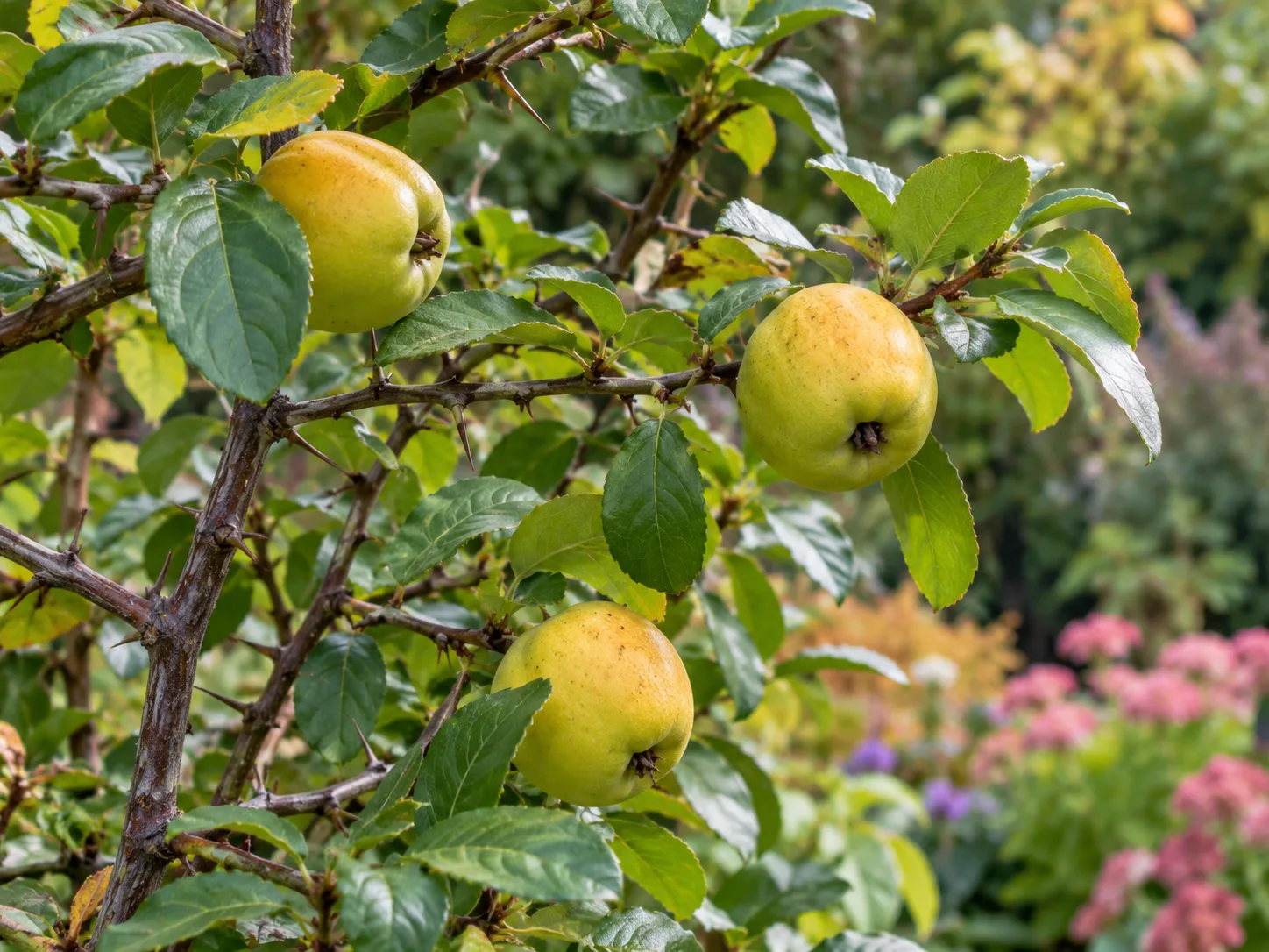 Greenish-yellow flowering quince fruit developing among leaves on a thorny branch