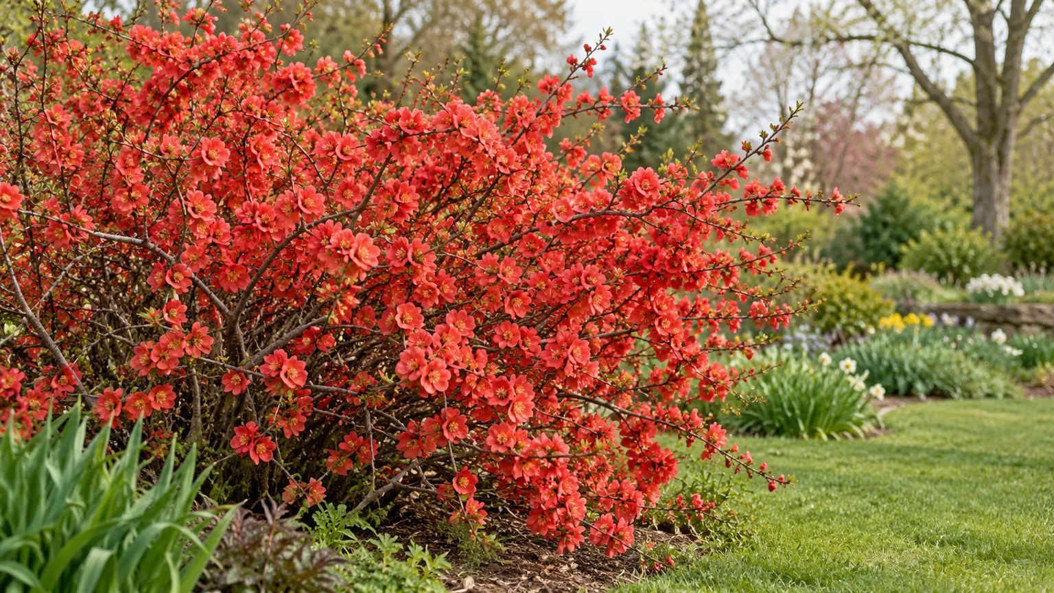 Flowering quince shrub covered in coral-red blooms in a spring garden