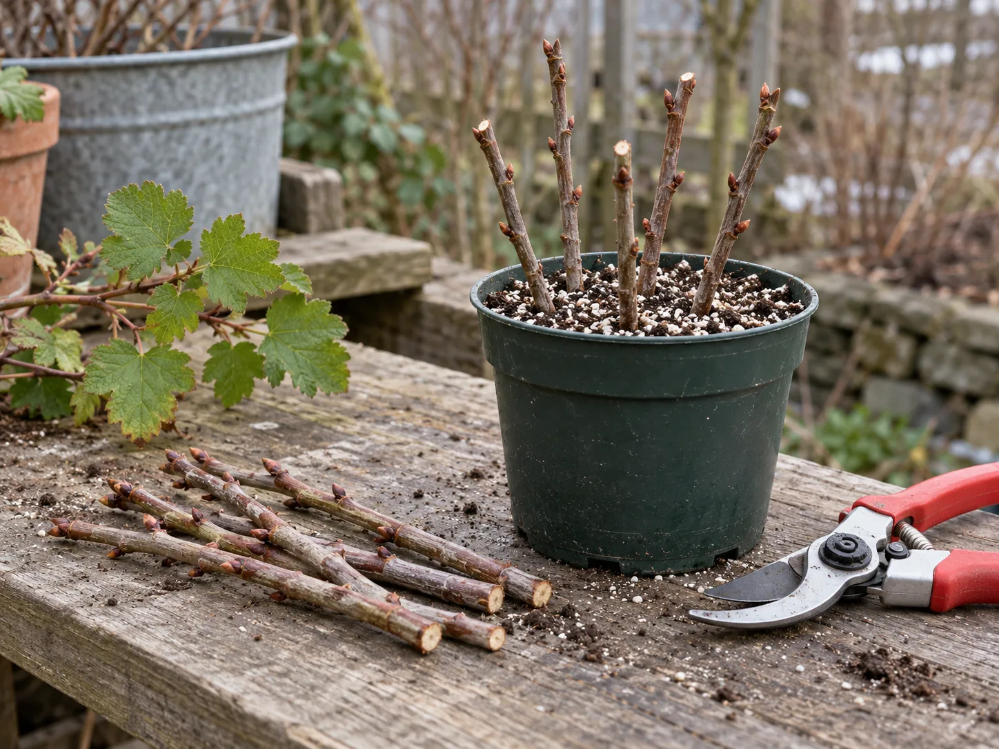 Dormant red-flowering currant cuttings inserted in a free-draining propagation pot