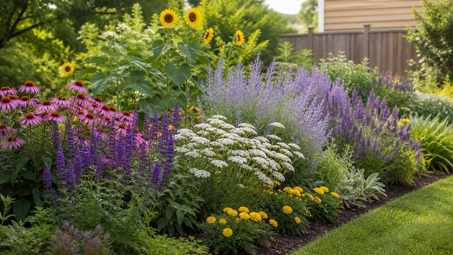 Deer-resistant flower border with coneflowers, lavender, yarrow, salvia, marigolds, and sunflowers