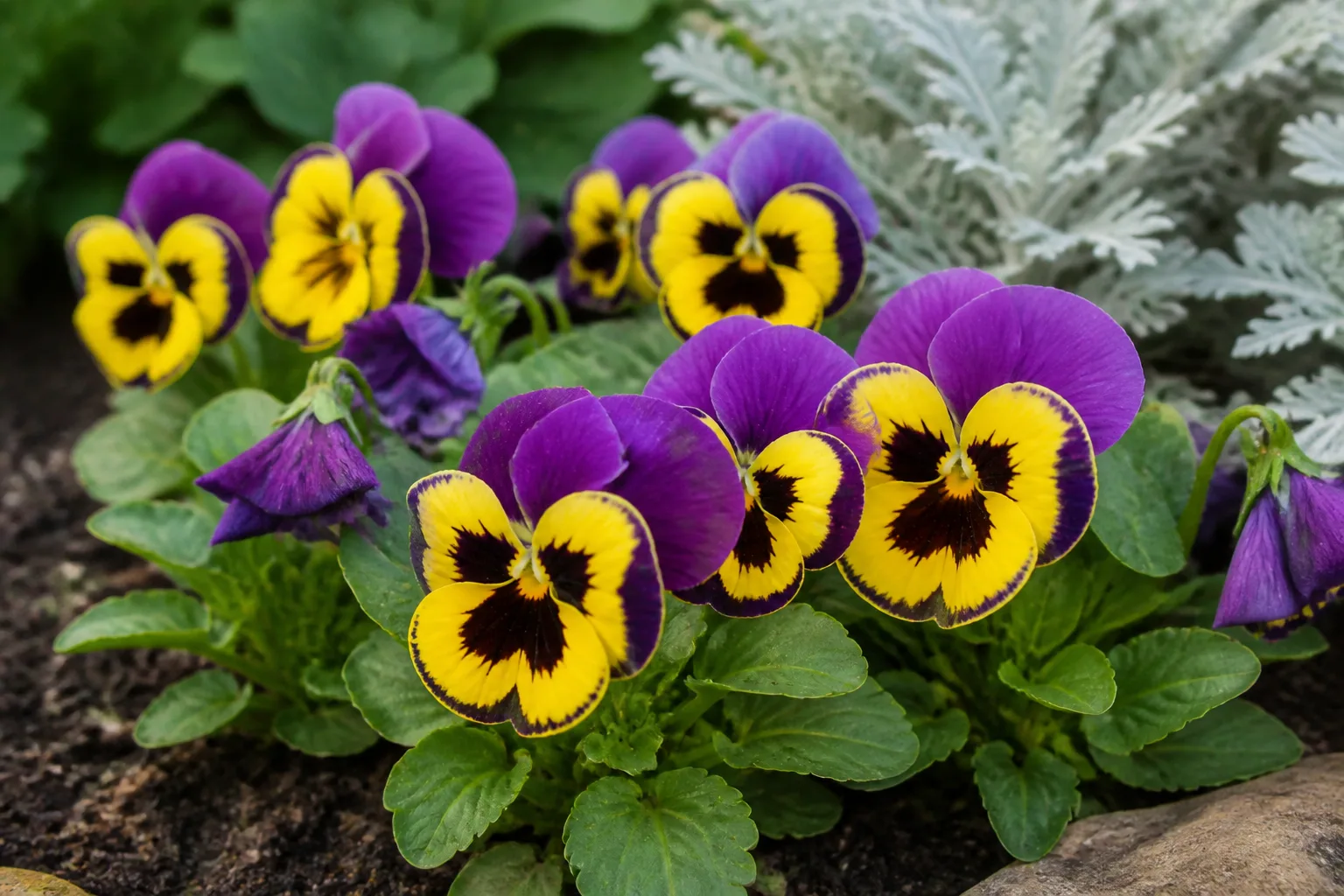 Purple-and-yellow pansies blooming in a cool-season border.