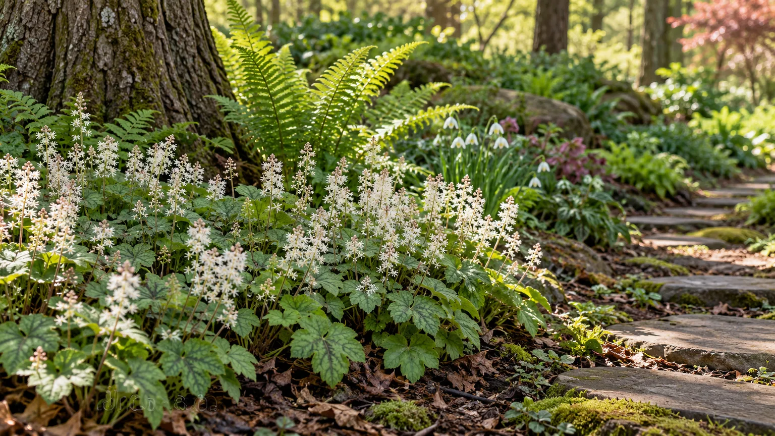 A mixed shade garden with woodland perennials