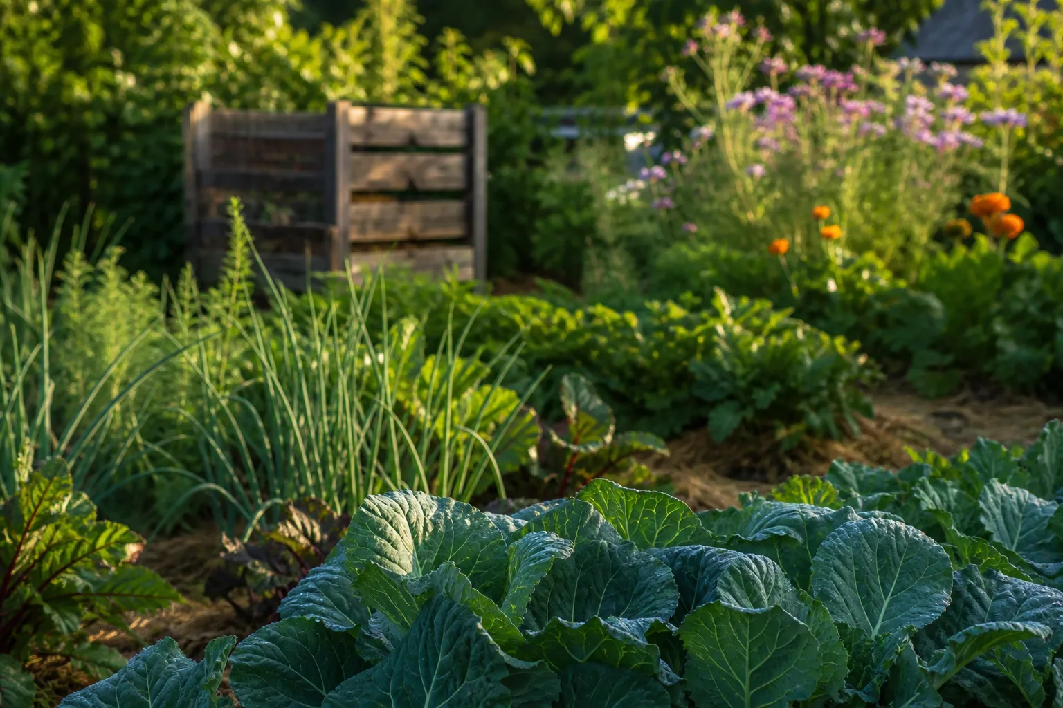 Productive vegetable garden with leafy greens, herbs, and a weathered compost bin in warm afternoon light