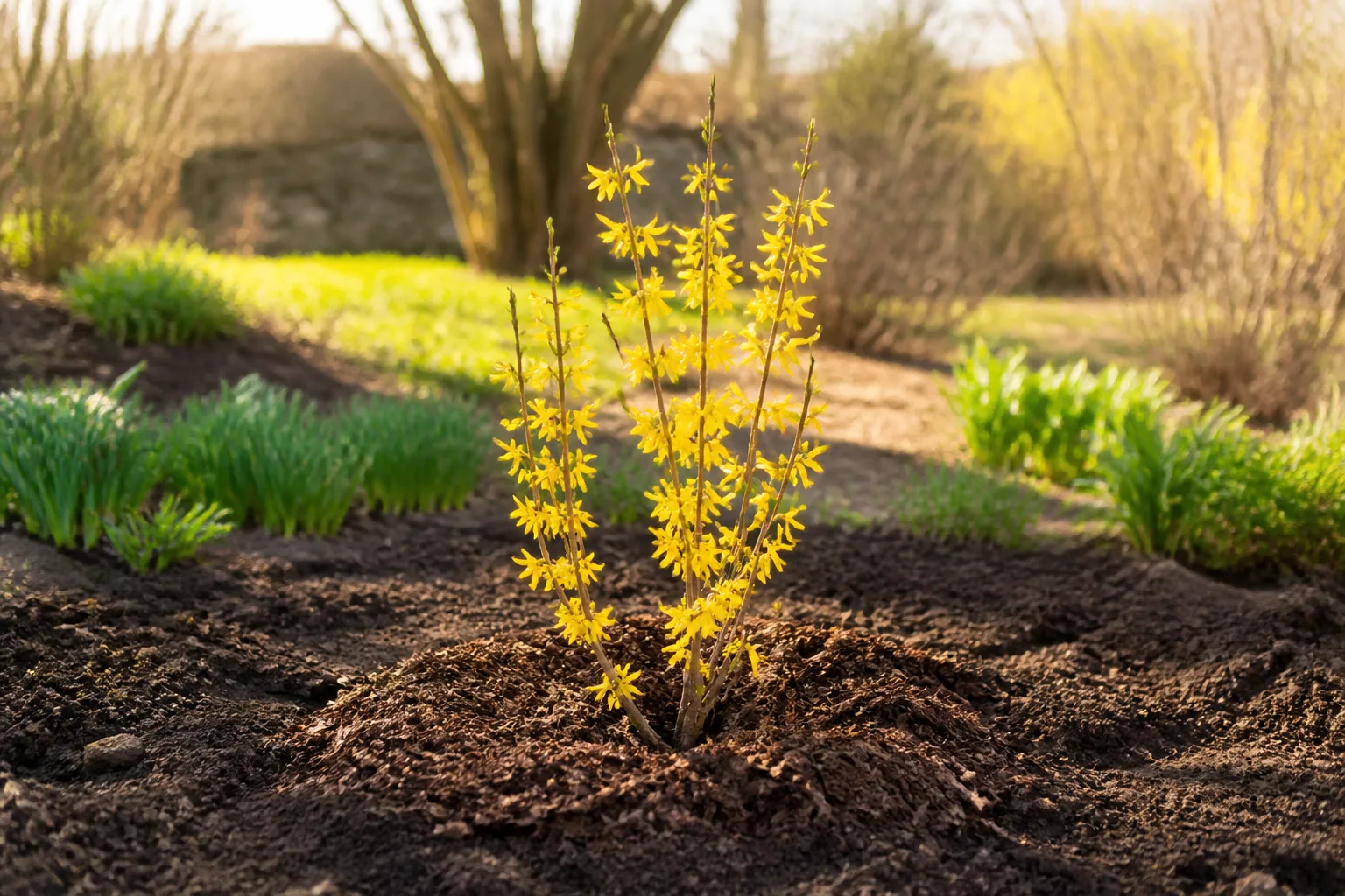 Flowering shrub being planted in cool spring soil with a wide prepared hole beside the root ball