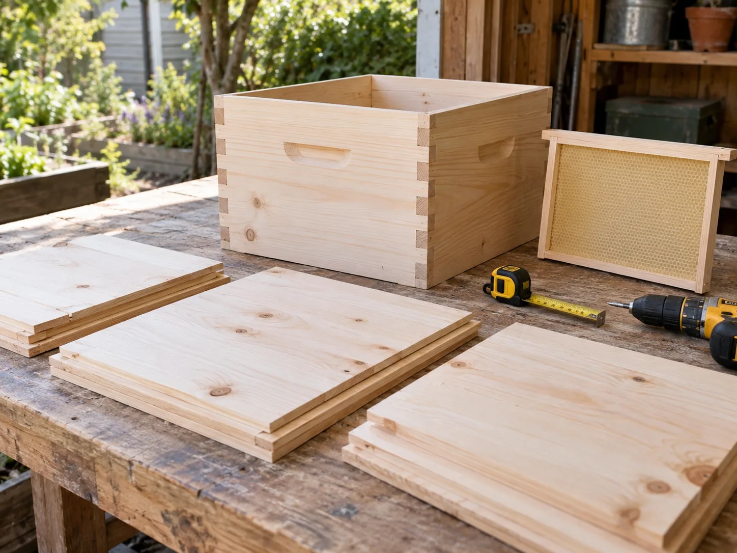 Untreated hive panels, a dry-fit hive body, a bee frame, and measuring tools on a workbench