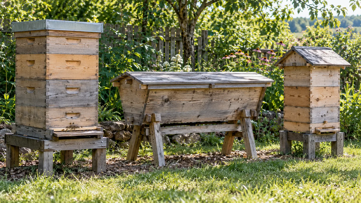 Stacked Langstroth, horizontal top-bar, and compact Warré beehive designs in a backyard