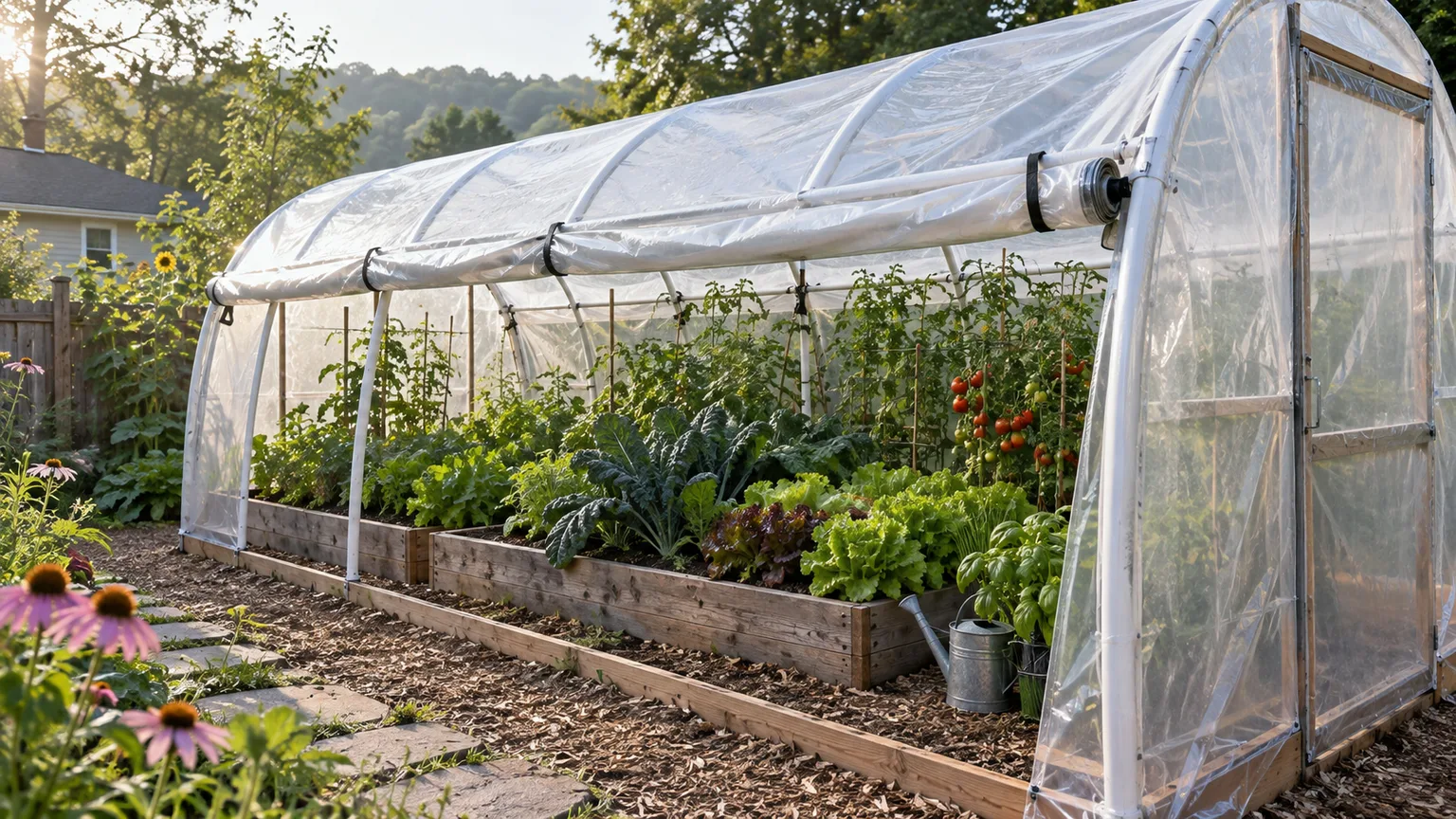 Clear hoop-house cover protecting rows of vegetables in a larger garden