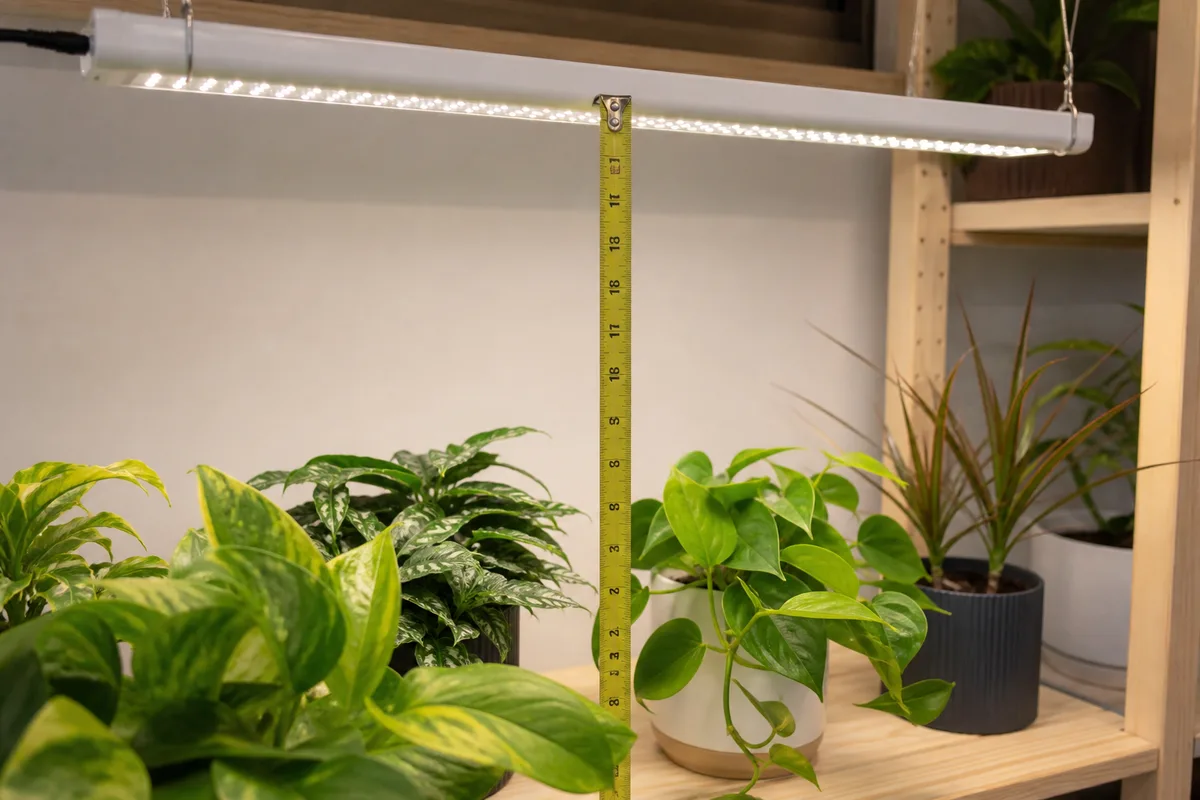LED grow light illuminating potted herbs on an indoor shelf