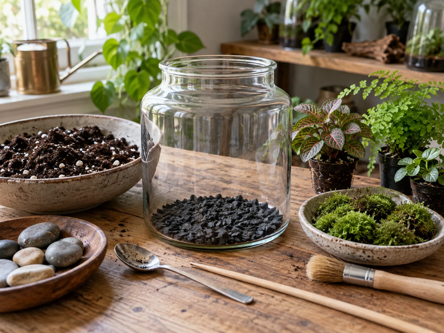 A clear terrarium vessel with substrate, moss, stones, charcoal, and simple assembly tools