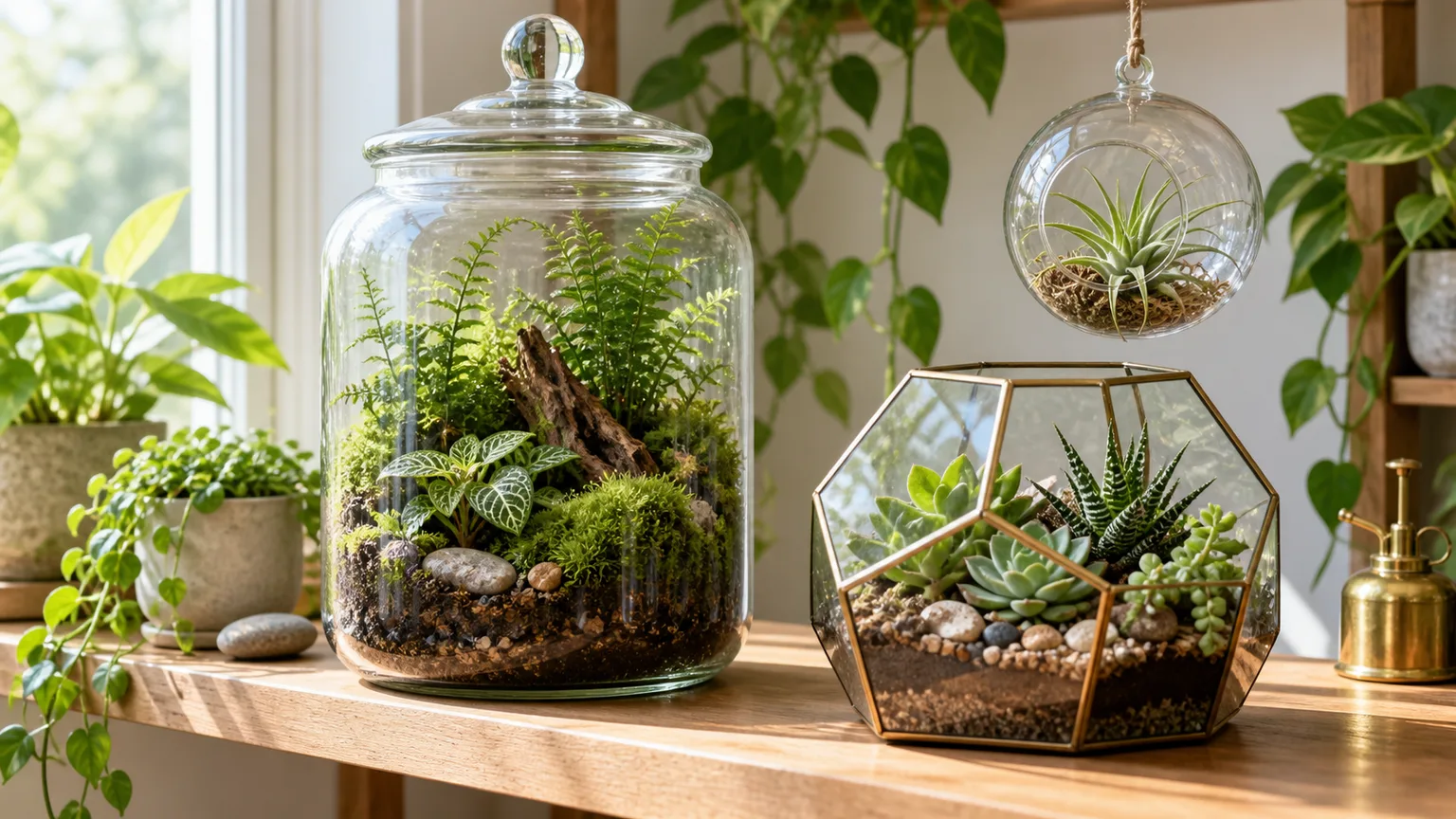 Grouped open and closed glass terrariums with moss, ferns, succulents, and an air plant on a bright home shelf