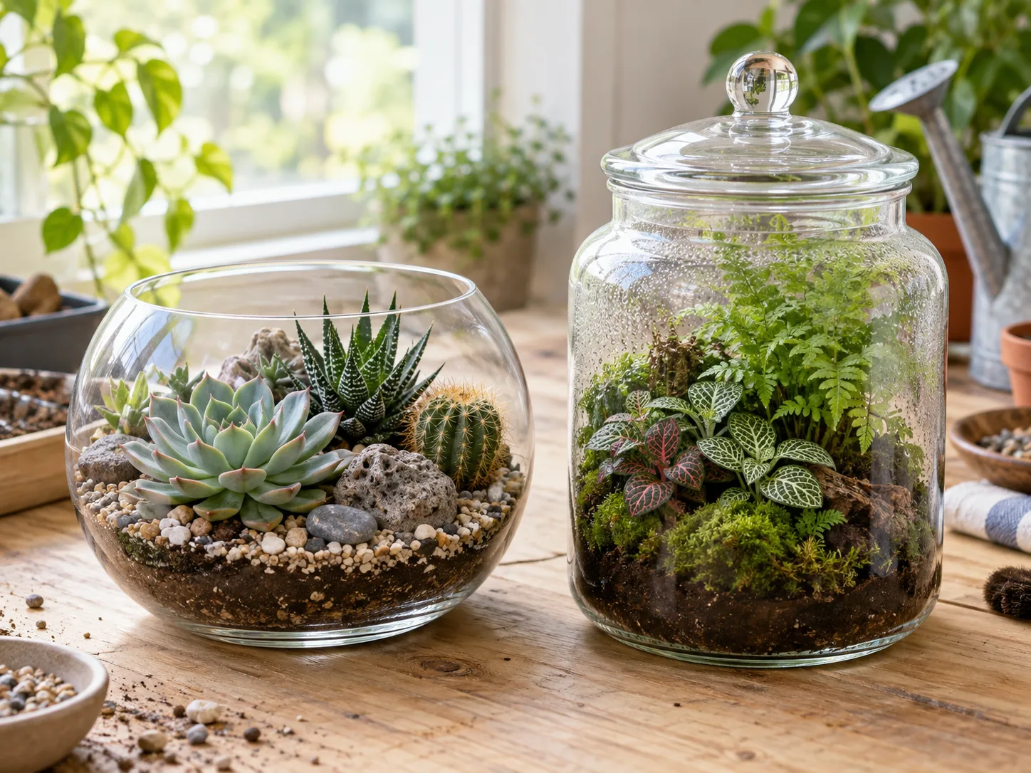 Open succulent bowl and closed tropical glass terrarium side by side