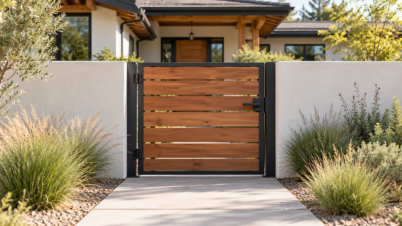 Modern cedar slat garden gate in a charcoal frame set into a stucco wall