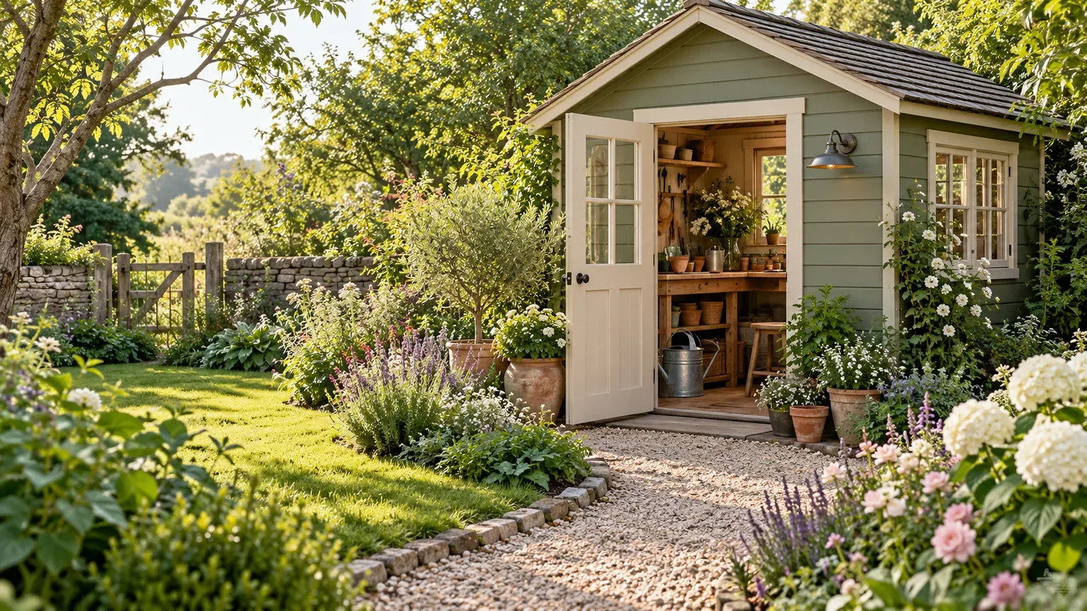 A sage-green garden shed with an open door, gravel path, and flowering borders